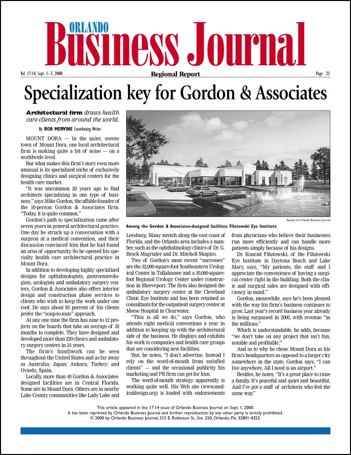 Orlando Business Journal article on Gordon and Associates, Architects